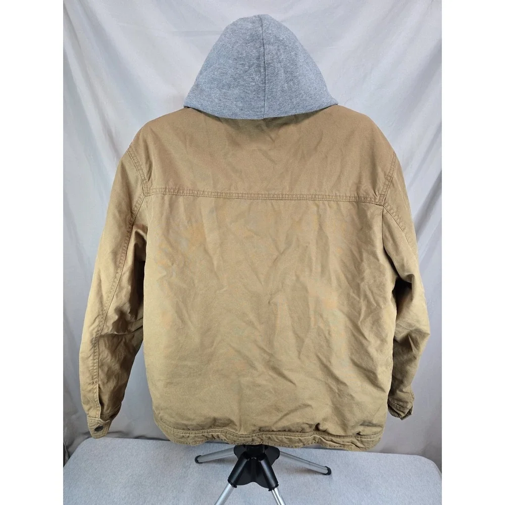 American Eagle Jacket Men XL Brown Canvas Flannel Lined With Fleece Lined Hood